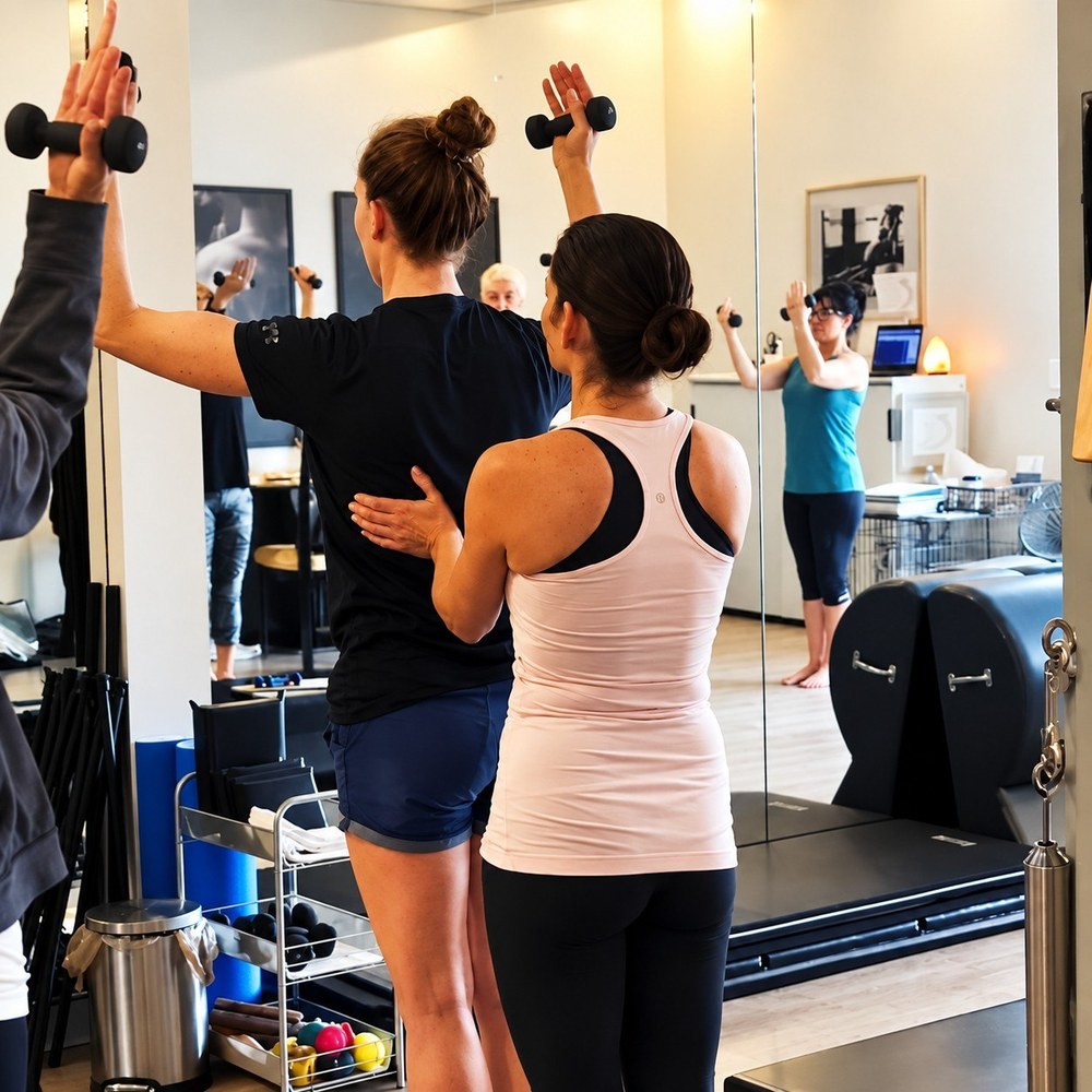 Hands-on Pilates instruction with small weights inside the studio