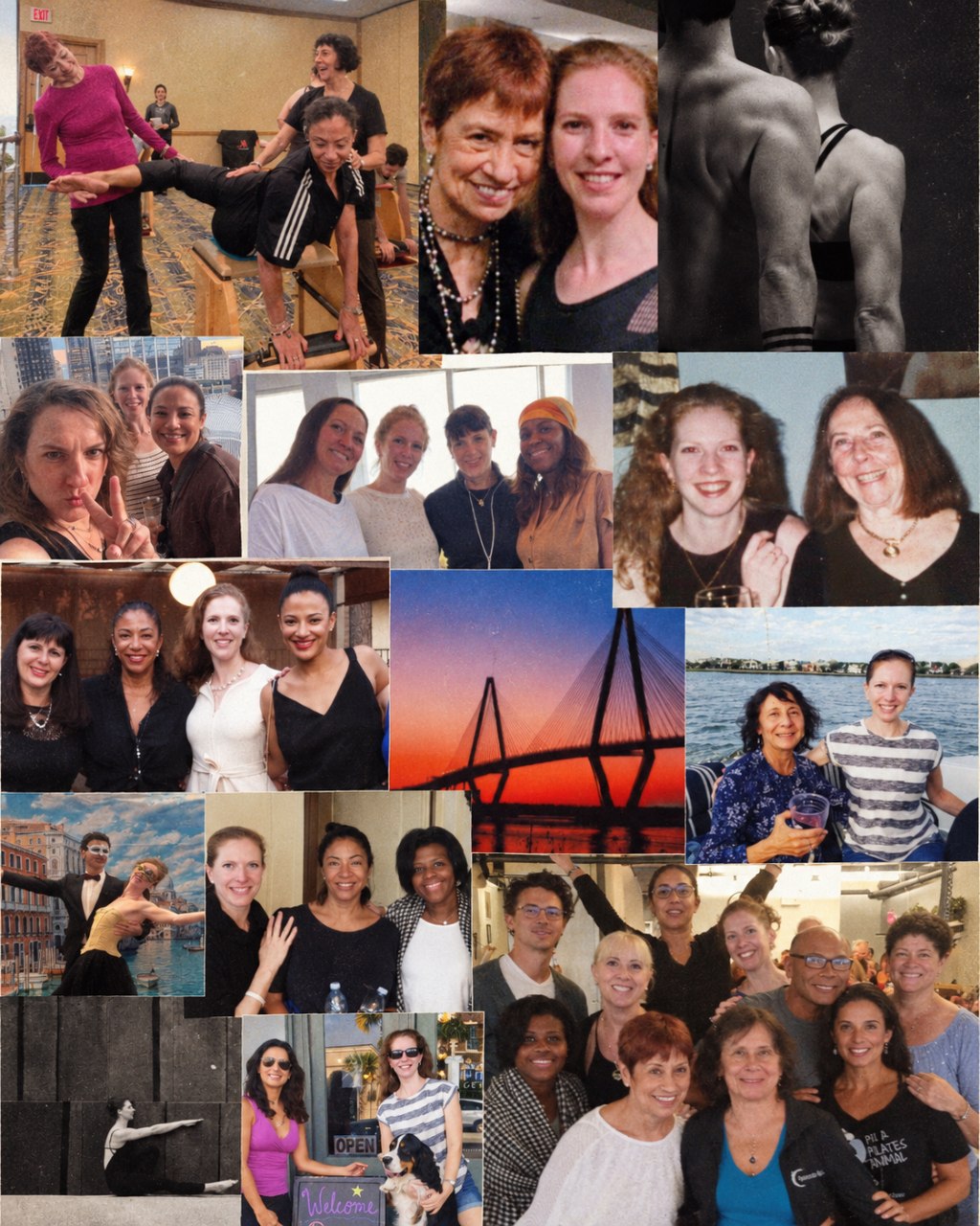 Collage of Pilates memories with instructors, city views and dance photographs